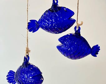 Three Blue Glass Hanging Fish