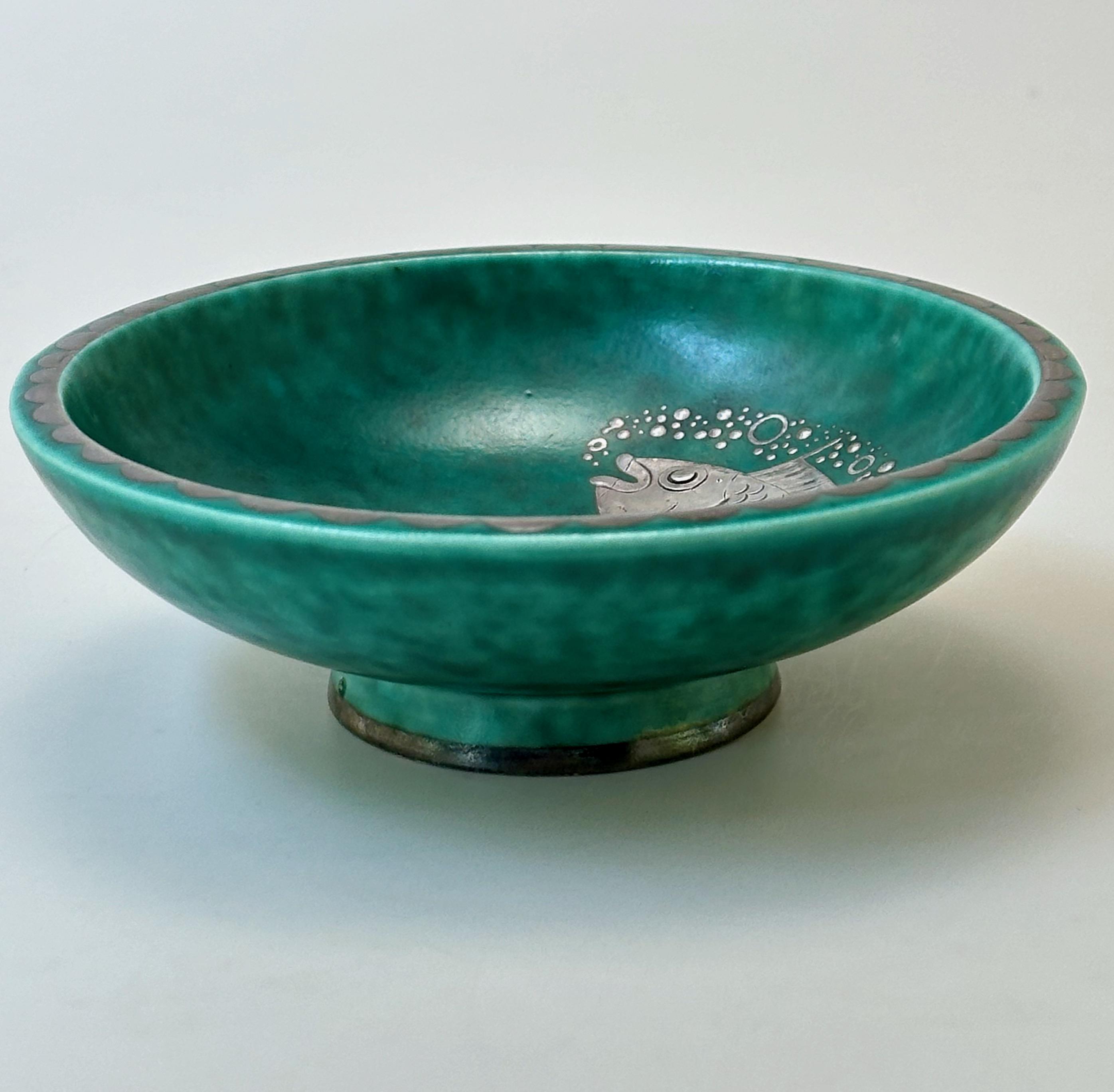 Vintage Wilhelm Kåge Argenta Bowl, Gustavsberg Silver Fish Motif