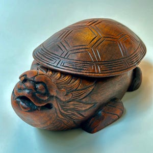 Antique Asian Carved Wood Dragon Turtle Box.