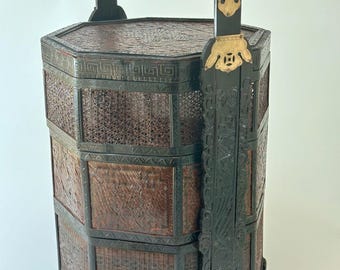 Antique Large 3 Tiered Hexagon Chinese Wedding Basket Bamboo Brass Lacquered
