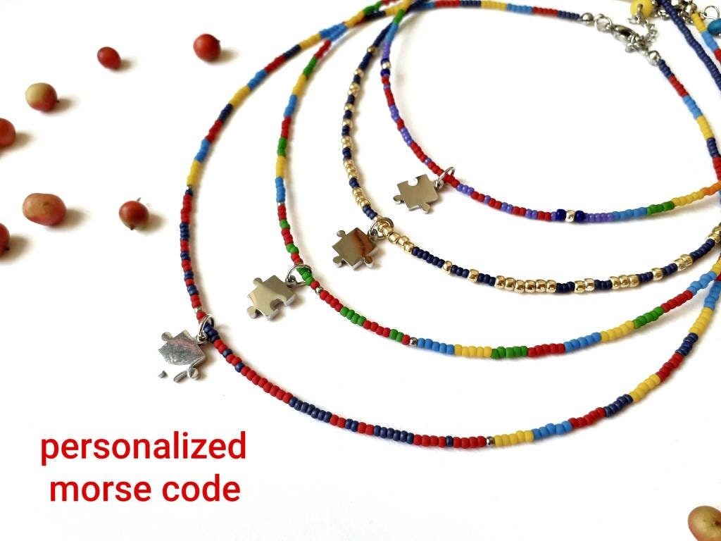 autism awareness custom morse code necklace, autism flag, neurodivergent choker, puzzle piece necklace couple, autism mom gift, neurodiverse