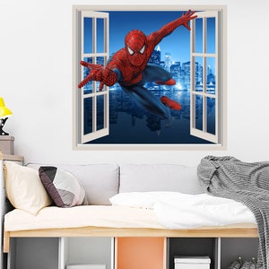 3D Superhero Wall Decal for Boys Room, Spiderman and Skyline Cityscape Vinyl Murals, Superheroes Children Sticker, Peel and Stick ND462