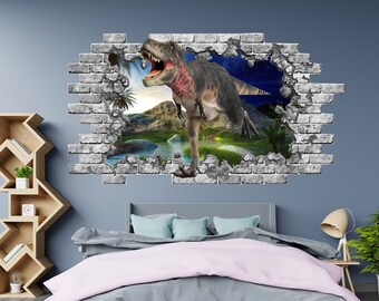Dino Wall Mural Jurassic Park Sticker Dinosaur Hole In The Decal Dinosaurs Bedroom Decor Nd95 Peel