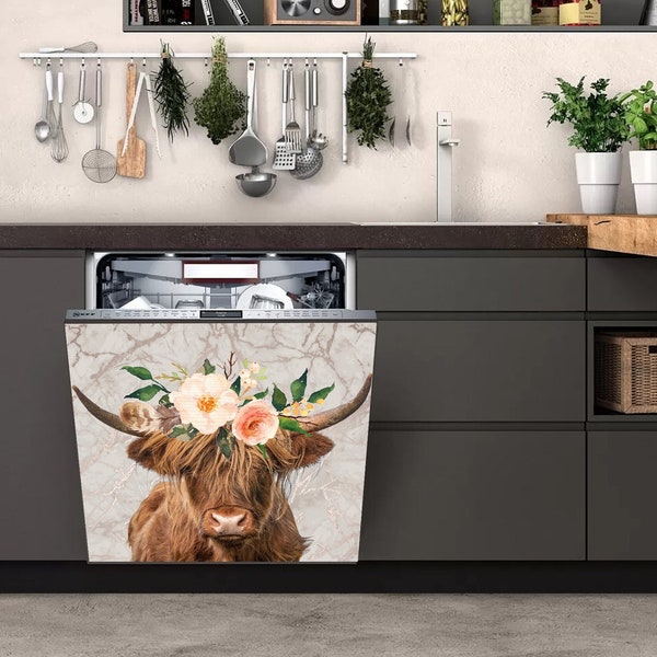 Highland Cow Floral Lave-vaisselle Machine Vinyle Autocollants, Boho Vache Cuisine Lave-vaisselle Couverture Decal, Fleurs Bovins Auto-Adhésif Lave-vaisselle Wrap