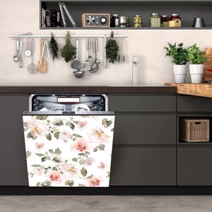 Floral Dishwasher Machine Vinyl Stickers, Flowers Watercolor Kitchen Dishwasher Cover Decal, Peel & Stick Self Adhesive Dishwasher Wrap