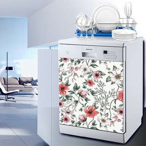 Dishwasher Machine Vinyl Stickers, Wildflowers Decal, Floral Peel & Stick Self Adhesive Dishwasher Wrap, Flowers Kitchen Decor Removable