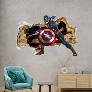 Captain America Wall Decal for Boy Nursery Room, Superhero Vinyl Sticker Murals, USA Flag Boy Decor, Captain America for Toddler Room ND432