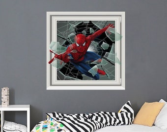 Spiderman Wall Decal. Superhero Window Vinyl Sticker for Boys Room. Spiderman Superhero Wall Mural Removable for Kids Playroom ND416