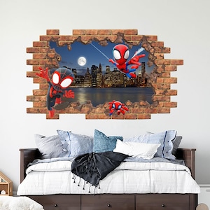 Spiderman Wall Decal, Superhero and Night City Children Peel and Stick Murals, Spiderman Nursery Gift, Superhero Boy&#39;s Room Decor ND520