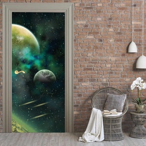 Door Mural, 3D Effect Space Decal, Door Vinyl Cover, Galaxy Decals, Planet Mural Sticker, Door Banner for Nursery, Bedroom, Vinyl Door Decor