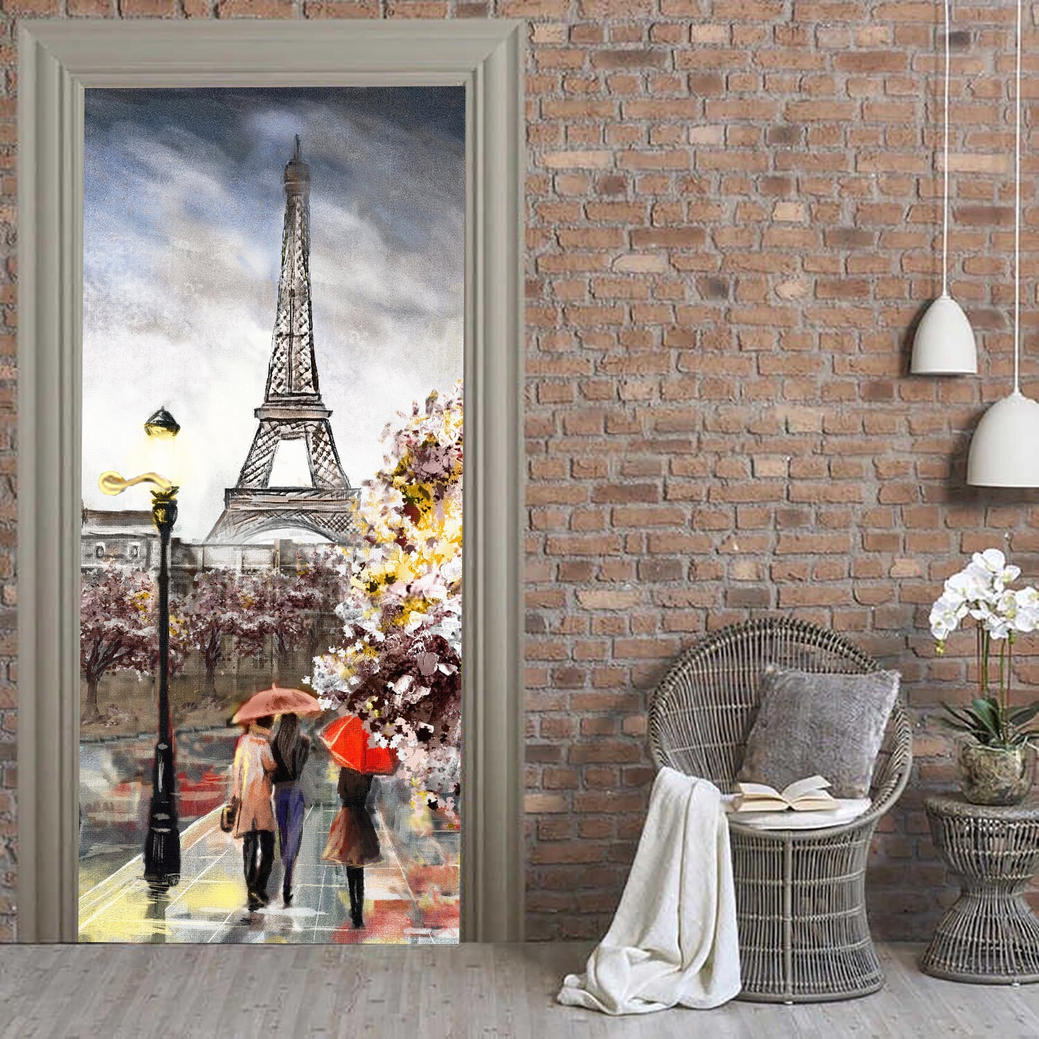 Sticker Porte 3D Trompe-l'œil Rue De Paris - 63x205 Cm, Noir Et Blanc, Tour Eiffel - Amovible Et Imperméable