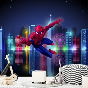 Spiderman Wallpaper for Boys Room Removable. Superhero Wall Mural. City Skyline and Spiderman Wallpaper for Games Playroom Decor