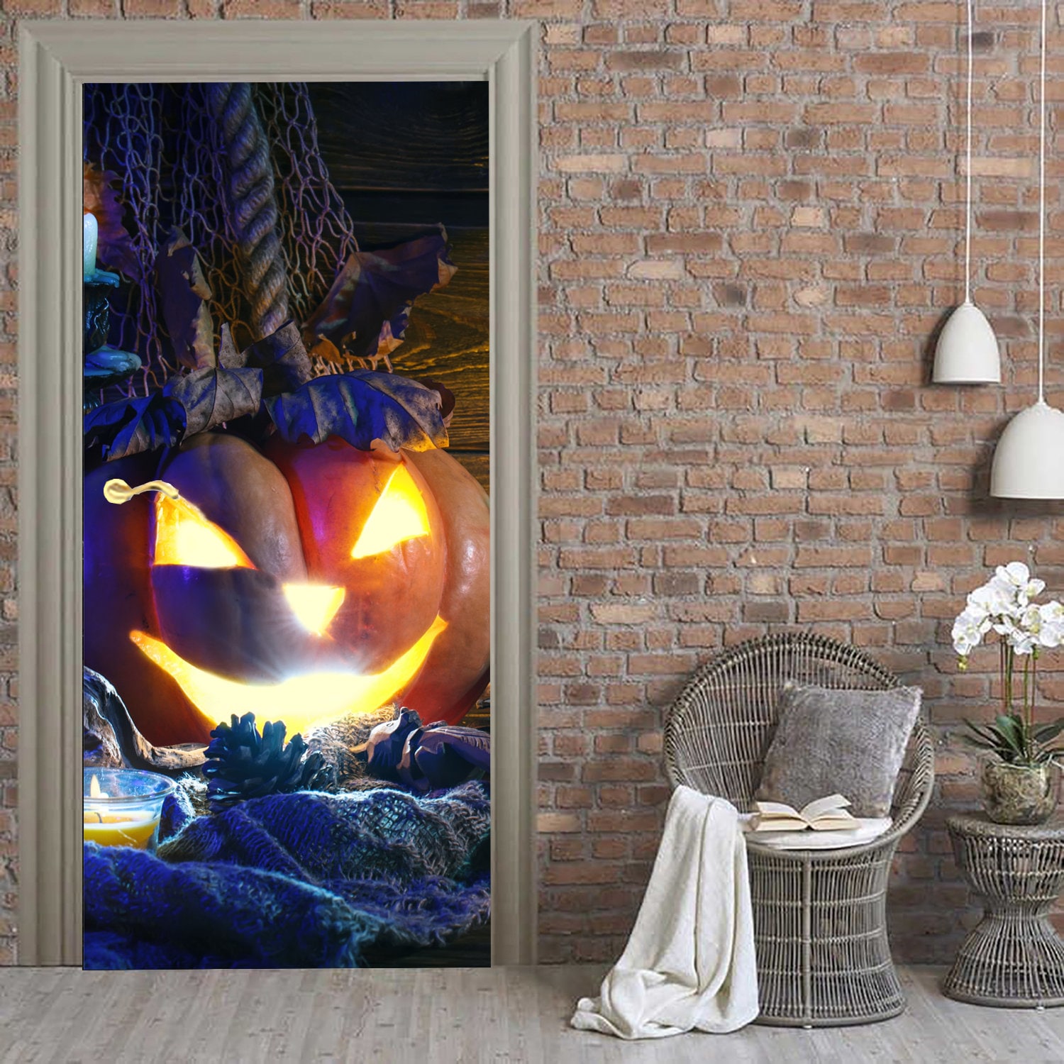 3D Halloween Door Decoration for House, Pumpkin Door Cover Mural ...