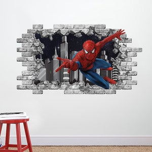 Spiderman Wall Decal, Superhero Window Murals, Night City Skyline Children Vinyl Sticker, Peel and Stick, Superhero Boy&#39;s Room Decor ND447