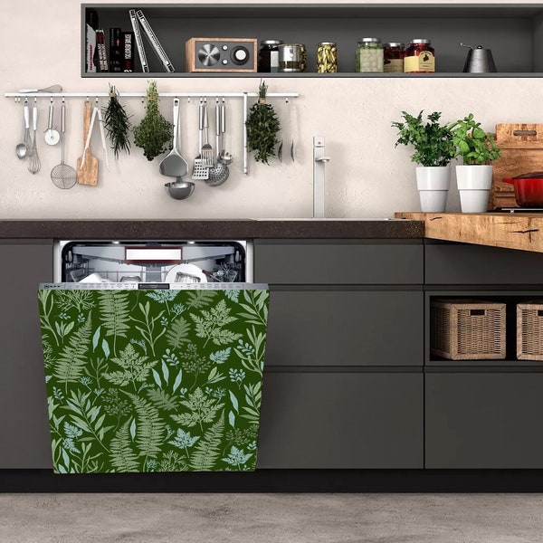 Fern Green Leaves Dishwasher Machine Vinyl Stickers, Botanical Forest Kitchen Dishwasher Cover Decal, Sage Green Self Adhesive Dishwasher