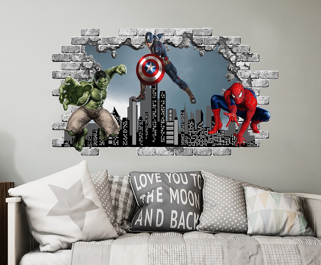 Superheroes Wall Decal for Boys Room, Skyline Cityscape Vinyl Murals
