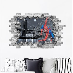 Spiderman Wall Sticker for Boys Room, Spiderman and Night City Window Vinyl Mural Removable, Superhero Peel and Stick, Boys Gift Decal ND542