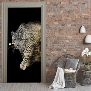 Leopard Door Mural, 3D Animals Decal, Door Vinyl Cover, Leopard Decals, Animal Mural Sticker, Door Banner for Bedroom, Vinyl Door Decor ND15