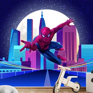 Spiderman and City Skyline Neon Wallpaper for Boys Room Removable. Superhero Wall Mural. Spiderman Wallpaper for Playroom Teenagers Decor