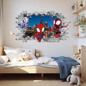 Spiderman Wall Sticker for Kids Room, Superhero Window Vinyl Murals, Spiderman Peel and Stick, Spiderman with Friend Playroom Decor ND519