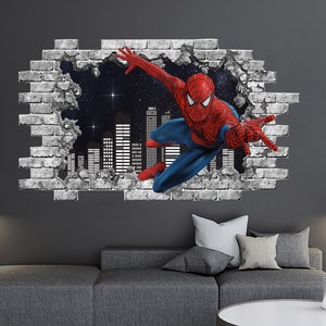 Adesivo da parete Spiderman e Skyline Cityscape, murales per finestre Spiderman, adesivo per bambini supereroi, stacca e attacca, cameretta per bambini supereroi ND481