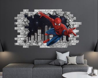 Spiderman en Skyline Cityscape Wall Decal, Spiderman Window Murals, Superhero Children Sticker, Peel and Stick, Superhero Boy's Room ND481