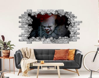 Scary Clown Wall Decal, Halloween Removable Vinyl Mural, Holiday Peel and Stick, Halloween Party, Horror Movie Halloween Decor ND568