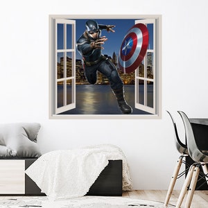 Superhero Wall Decal for Boys Room, Captain America and Skyline Cityscape Vinyl Murals, Superheroes Children Sticker, Peel and Stick ND463