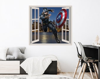 Superhero Wall Decal for Boys Room, Captain America and Skyline Cityscape Vinyl Murals, Superheroes Children Sticker, Peel and Stick ND463