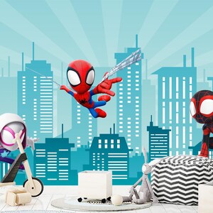 Spiderman Wallpaper for Boys Kids Room Removable. Superhero Wall Mural Peel and Stick. City Skyline Wallpaper for Games Playroom Decor