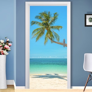3D Palm Ocean Door Mural, Removable Door Decal, Peel and Stick Door Decal, Door Vinyl Cover, Decor for Entry Door, Palm Bedroom Decor ND53