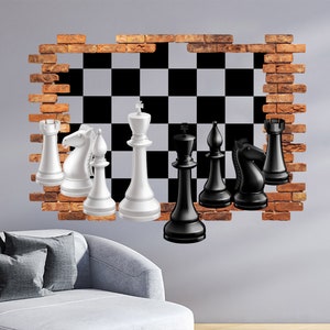 Schach Loch im Aufkleber, Spiel Wandbild, Schachfiguren Wanddekor, Wandtattoo Benutzerdefinierte Vinylkunstaufkleber für Häuser, Schulen, Büros ND380