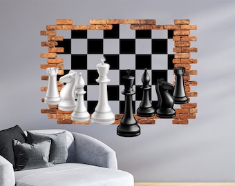 Chess Hole in the Decal, Game Wall Mural, Chessmen Wall Decor, Wall Decal Custom Vinyl Art Stickers for Homes, Schools, Offices ND380