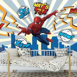 Spiderman Wallpaper for Boys Kids Room Removable. Superhero Wall Mural Peel and Stick. Night Cityscape Wallpaper for Games Playroom Decor