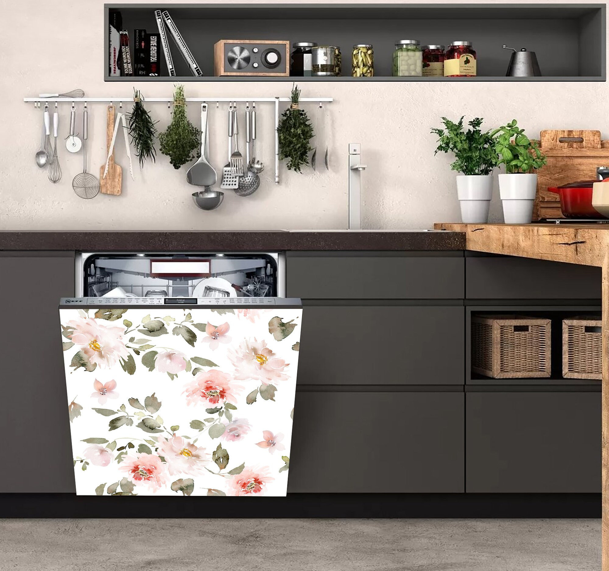 Adesivi in vinile per lavastoviglie floreali, decalcomania per lavastoviglie da cucina con fiori ad acquerello, pellicola autoadesiva per lavastovigli