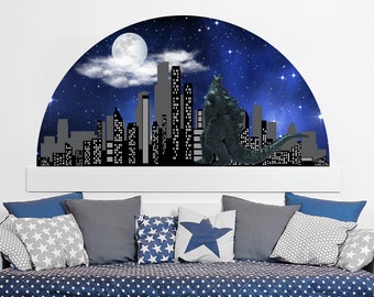 Movie Monster Posters Wall Sticker for Boys Room, Skyline Silhouette Vinyl Murals, Horror Kids Decor, Peel and Stick, Boy Gift Decal ND483