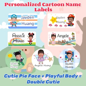 Etiqueta con nombre para niños para la escuela, pegatina con cara de dibujos animados, pegatina personalizada con el nombre de la guardería, pegatina con el nombre del niño, pegatina personalizada para la bolsa de los padrinos