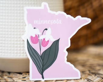 Minnesota State Sticker, Minnesota Sticker Decal, State Sticker, Pink Lady Slippers Sticker, Floral Sticker, Water Bottle Laptop Sticker