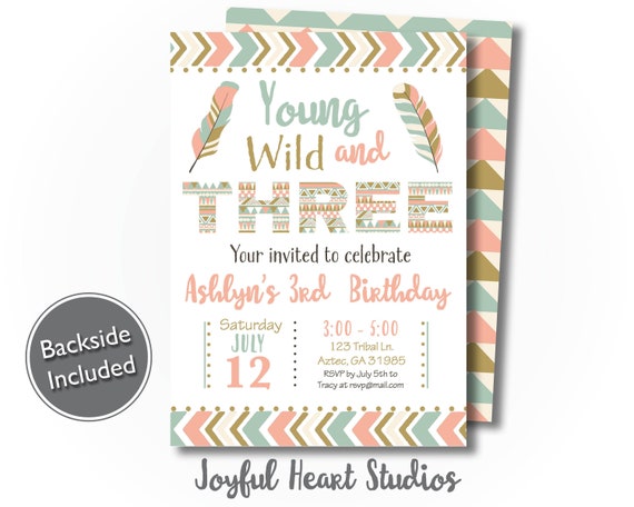 Young Wild and Three Birthday Invitation, Boho 3rd Birthday, Tribal 3rd Birthday, Girl Tribal Birthday Invitation, Young Wild Three Boho Il_570xn
