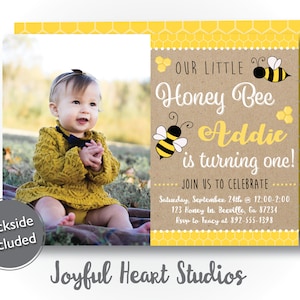 Bee Day Invitation, Bee Photo Birthday Invitation Girl, First Bee Birthday, 1st Bee Day Photo, Fun To Be One, First Birthday Invitation Girl image 1