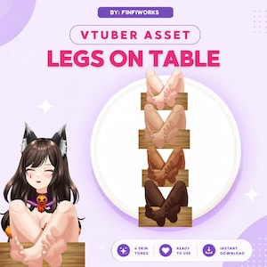 Pode incluir: Uma ilustração digital de um recurso VTuber intitulado LEGS ON TABLE por FINFIWORKS. O gráfico exibe quatro pares de pernas em diferentes tons de pele sobre superfícies de madeira, ao lado de um personagem de anime com orelhas de gato.