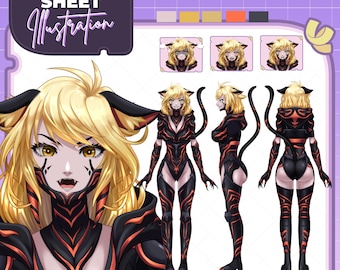 May include: A character sheet illustration titled Character Sheet Illustration by FinjWorks featuring a blonde cat-like humanoid with yellow eyes, wearing a black and orange patterned bodysuit, shown from front, side, and back views.