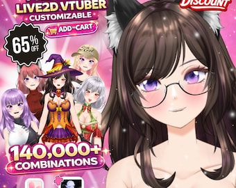 May include: Promotional graphic for a premade Live2D VTuber. The image features a cartoon woman with purple eyes and glasses, and several other anime-style characters. Text includes "PREMADE LIVE2D VTUBER", "CUSTOMIZABLE", "ADD TO CART", "65% OFF", and "140,000+ COMBINATIONS".