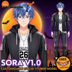 May include: A digital illustration of a male anime character named Sora V1.0, featuring blue hair and wearing a black zip-up hoodie with white stripes over a white t-shirt with the text ATHLETE 26. The character wears black joggers and a necklace.