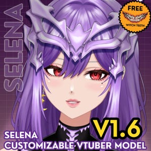 May include: A digital illustration of a character with long purple hair, red eyes, and a light purple headpiece. The text reads SELENA, V1.6, SELENA CUSTOMIZABLE VTUBER MODEL, and FREE WITCH TEETH. The character wears a black collar with white accents.