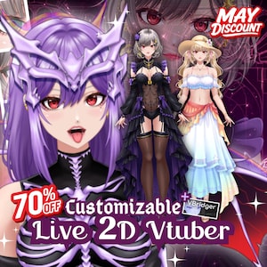 以下が含まれることがあります： カスタマイズ可能なLive 2D Vtuberサービスのプロモーション画像。紫、グレー、金髪の3人のアニメスタイルのキャラクターが登場。テキストには「70% OFF」、「カスタマイズ可能」、および「Live 2D Vtuber」が含まれています。背景は紫とピンクのグラデーションです。
