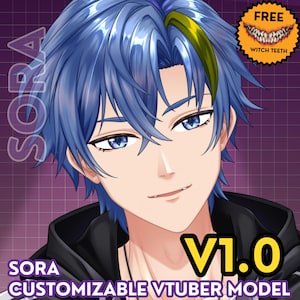 May include: A digital illustration of a character with blue hair and a yellow streak, wearing a black hoodie. The image features the text SORA, V1.0, CUSTOMIZABLE VTUBER MODEL, and a circular badge labelled FREE WITCH TEETH with a graphic of sharp teeth.
