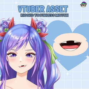 May include: Digital illustration of a female anime character with purple hair and a toothless mouth. The image includes the text "VTUBER ASSET RIGGED TOOTHLESS MOUTH" in blue and white. A cartoon mouth is also shown.