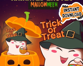以下が含まれることがあります： ハロウィーンをテーマにしたアニメーション絵文字。魔女の帽子をかぶり、キャンディーバスケットを持った笑顔の幽霊が特徴です。画像には「トリック・オア・トリート」と「インスタントダウンロード」の文字が、カボチャのある暗い背景に表示されています。