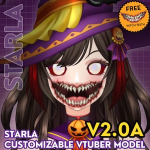 May include: A digital illustration of a character named Starla, a customizable VTuber model V2.0A. The character wears a purple witch hat with yellow accents and a pumpkin charm. The face features wide, glowing eyes and a wide mouth with sharp witch teeth.